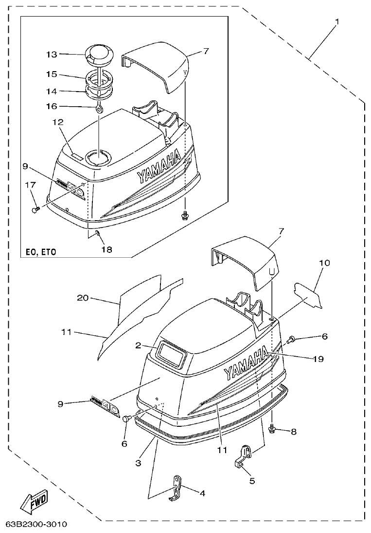 Yamaha 40VMHO, 40VEO, 40YETO TOP COWLING parts diagram